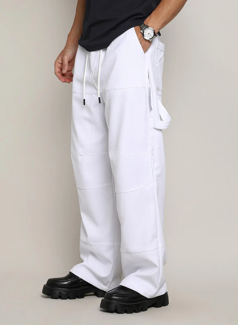 CAHOOT  Men's Chalk White Relaxed-Panel Cargo Trousers For Casual Wear | Mid-Rise | Relaxed Fit | Button Closure | Cargo Pants Crafted With Comfort Fit For Everyday Wear for Men | Best Price UAE